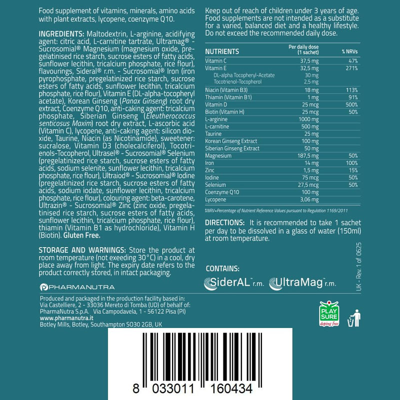 Reduce Tiredness & Fatigue, Tonic Energetic, Food Supplement, Antioxidants, 19 Nutrients, Iron, VIT. C, D, B3, E, Magnesium, 14 Sachets, During Recovery or After Seasonal Illness, Apportal