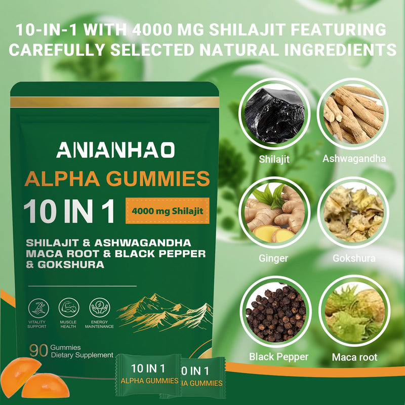 10-in-1 Alpha Shilajit Gummies | 4000 mg Pure Himalayan Shilajit with 85+ Trace Minerals & Ashwagandha Maca Root | for Men & Women | ShilAbsorb Bioavailability Tech, Vegan, 90 Gummies, 45 Days Supply