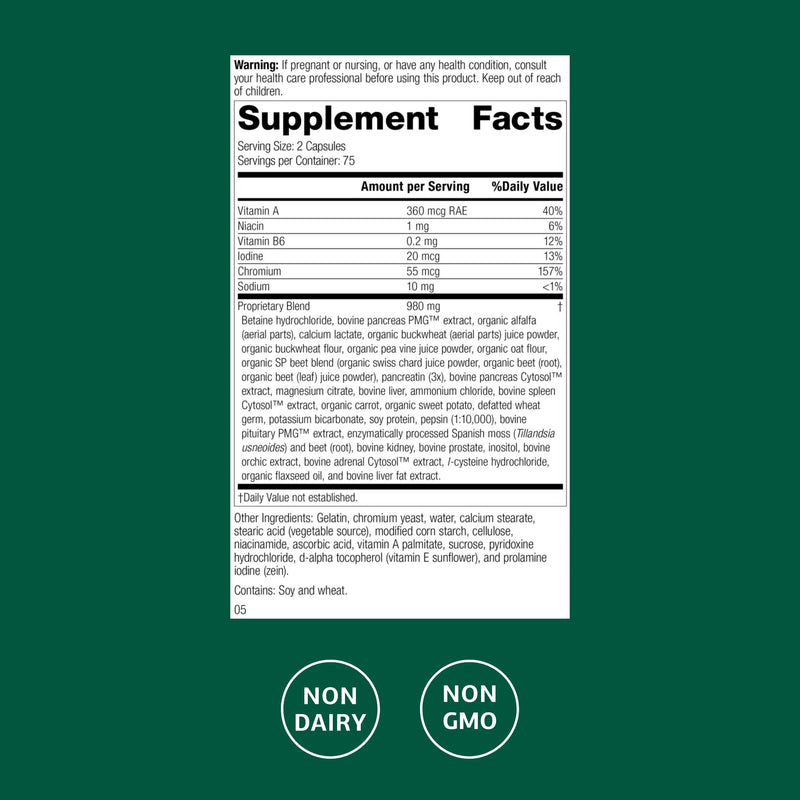 Standard Process Diaplex, Pancreas & Gallbladder Support, 150 Capsules | Supplement for Pancreas and Gallbladder Support, Contains Chromium and Antioxidant Vitamin A, Non-Dairy