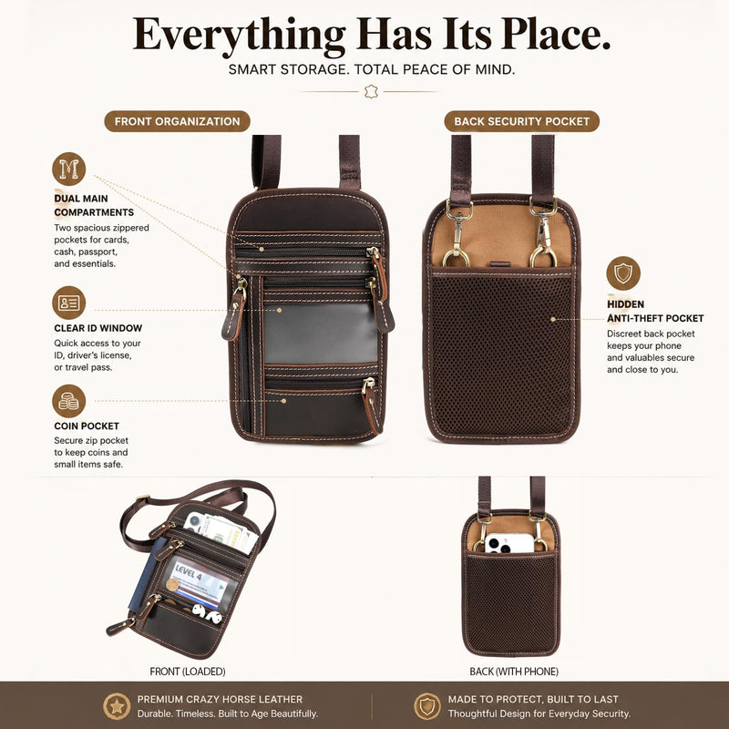 Full Grain Leather Neck Wallet, RFID Blocking Passport Travel Pouch, Coffee | Crazy Horse Cowhide, YKK Zipper & Brass Hardware, 3-Way Strap, Multi-Pocket Organizer, Detachable & Adjustable Shoulder Strap Dark Brown