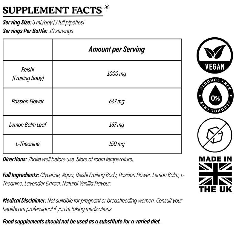 Lucid Mellow Elixir – Sleep & Calm Support with Reishi, Lemon Balm, Passion Flower & L-Theanine – Lavender & Vanilla – 30ml, Alcohol Free, Vegan