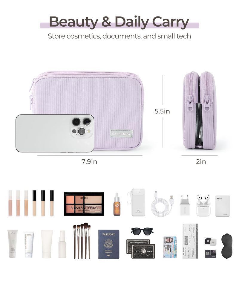 Makeup Bag Set for Women, 2 Pcs Corduroy Travel Cosmetic Organizer, Detachable Clear Pouch and Shell Shape Case, Waterproof Toiletry Storage for Beauty Essentials, Purple
