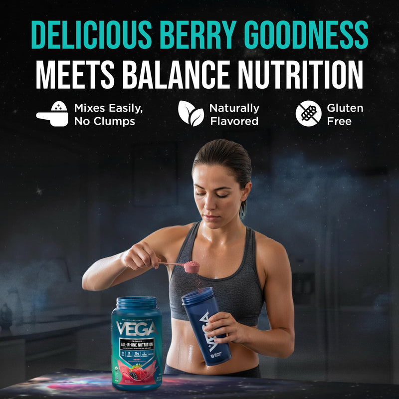 Vega All-in-One Nutrition Organic Vegan Protein Powder – Berry, 20g Protein Meal Replacement Shake – 1.52 lbs (18 Servings) 1.52 Pound (Pack of 1)