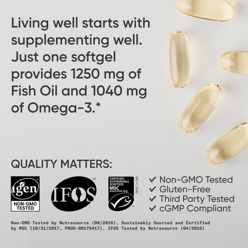 Sports Research® Omega-3 Fish Oil 1250mg from Wild Alaska Pollock, 90 Count | Always Fresh Never Fishy | 690mg EPA 260mg DHA per Softgel · Heart & Brain Health* · MSC Certified Sustainable - 90 Servings 90 Count (Pack of 1) From Alaska