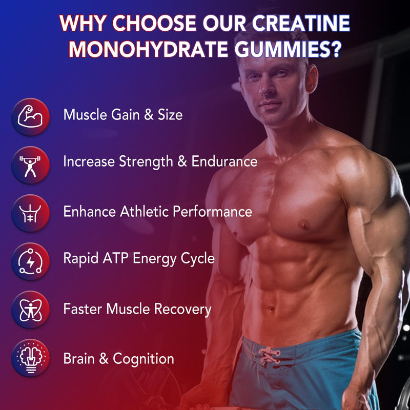 Creatine Monohydrate Gummies 5000mg, 10-in-1 Formula with Taurine, B12, B6 & Beetroot, Muscle Growth, Energy & Focus, Vegan Sugar-Free Pre Workout for Men & Women, 120 Blueberry & Watermelon Gummies