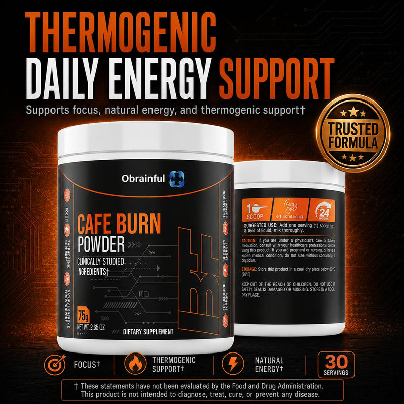 Cafe Burn Powder Dietary Supplement 75g | Thermogenic Energy & Focus Drink Mix | Green Tea, Green Coffee Bean & L-Carnitine | Metabolism Support Powder | 30 Servings