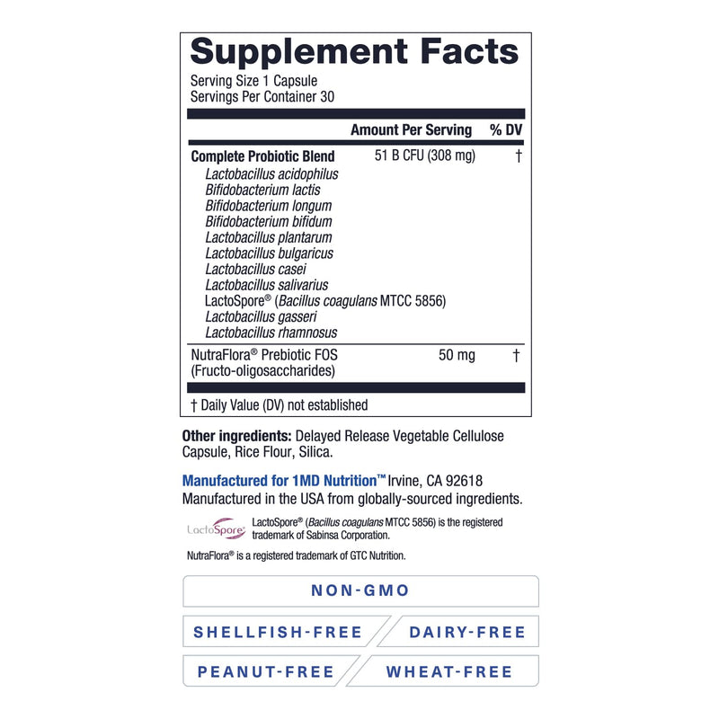 [Australia] - 1MD Nutrition Complete Probiotics Platinum - w/Prebiotics and Probiotics for Digestive Health - Probiotic Supplement for Women & Men - More Than 50 Billion Live CFU 11 Strains Dairy-Free - 30 Caps 30 Count (Pack of 1) 