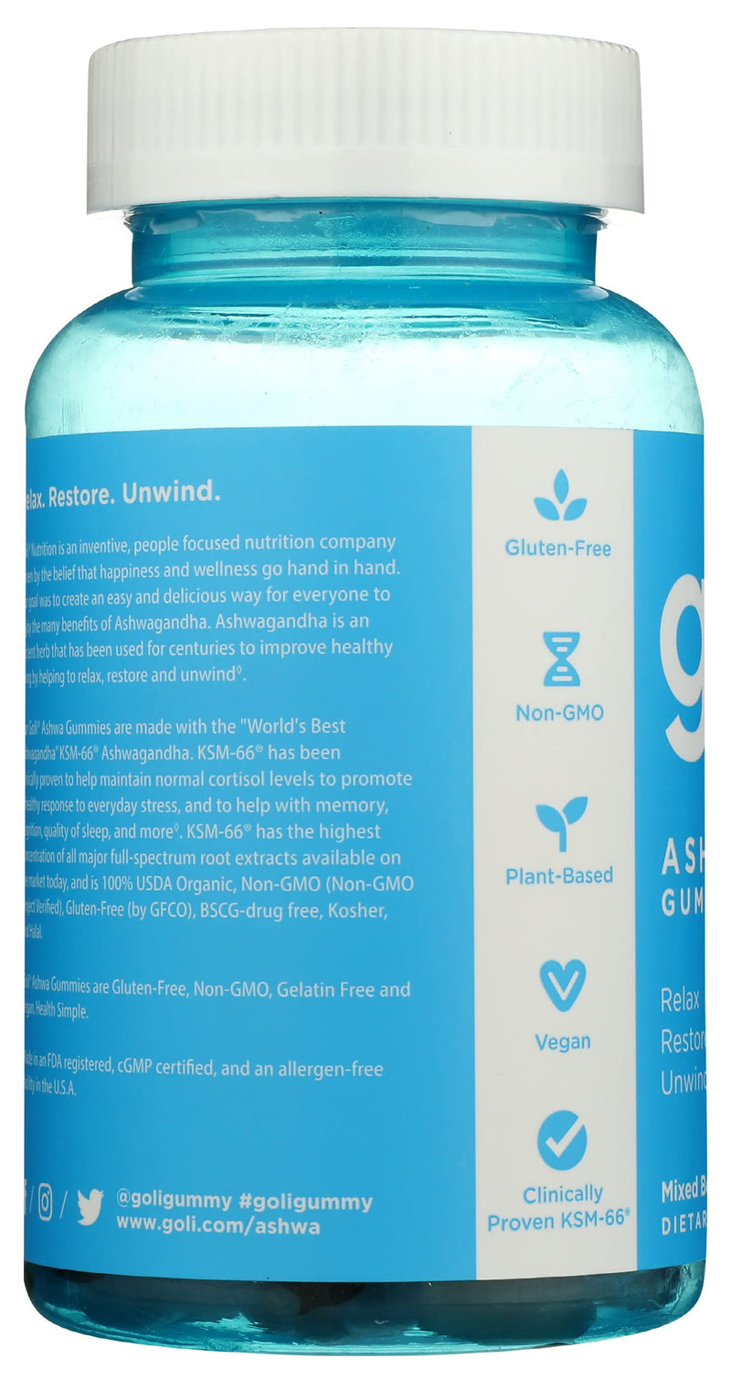 Goli Ashwagandha KSM-66 Gummies | Stress, Sleep & Mood Support | Mixed Berry | Vitamin D, Vegan, Plant Based, Non-GMO, Gluten Free, Gelatin Free | Relax. Restore. Unwind. | 60 Gummies
