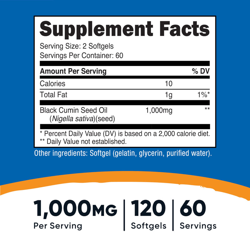 [Australia] - Nutricost Black Seed Oil (Cumin) - Cold Pressed, Source of Omega 3 6 9-120 Softgels, 1000mg Per Serving, 60 Servings - Non-GMO and Gluten Free 