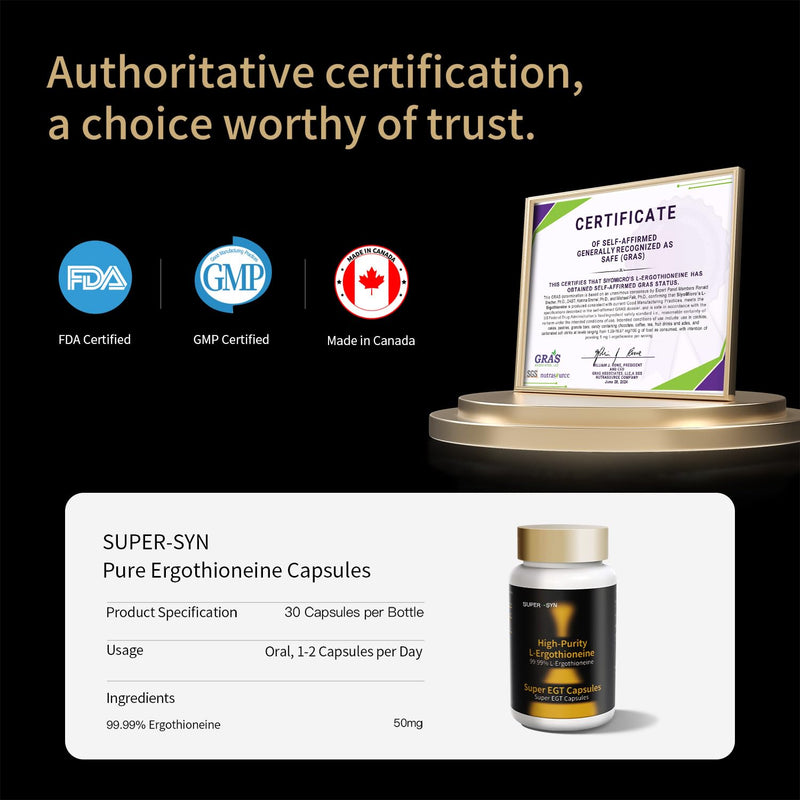 L-Ergothioneine 50mg of Ultra-Pure, Antioxidant Dietary Supplement, Cellular Health, Cognitive Health, Longevity, Gluten-Free, Vegetarian, Non-GMO