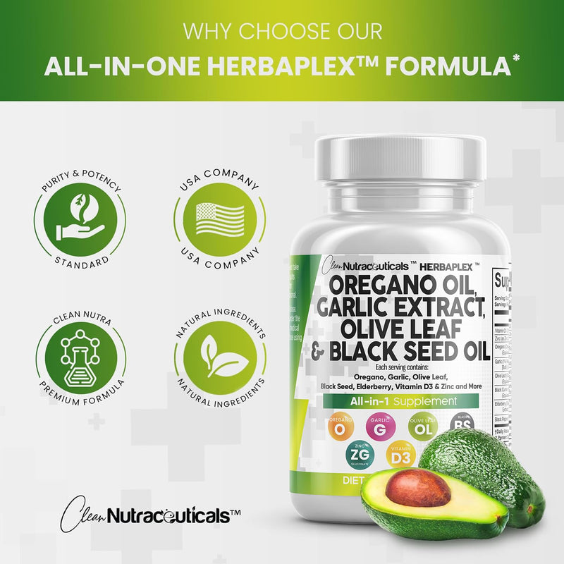 [Australia] - Oregano Oil 6000mg Garlic Extract 4000mg Olive Leaf 3000mg Black Seed Oil 3000mg - Immune Support & Digestive Health Supplement for Women and Men with Vitamin D3 and Zinc - 60 Caps 