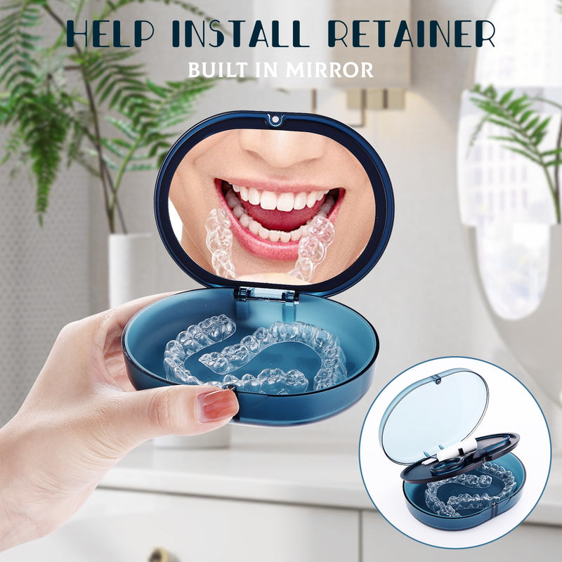 New Double-layer Retainer Storage Case with Belt Chewing,Removal Tool,Cleaning Brush,Built in Mirror Orthodontic Retainer Case,Mouth Guard Case,Denture Case blue