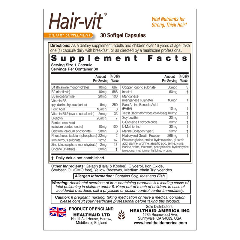HealthAid Hair-VIT, 30 Capsules, Once Daily, Vital Nutrients for Strong, Thick, & Shiny Hair, Rich in B- Vitamins & Essential Amino Acids