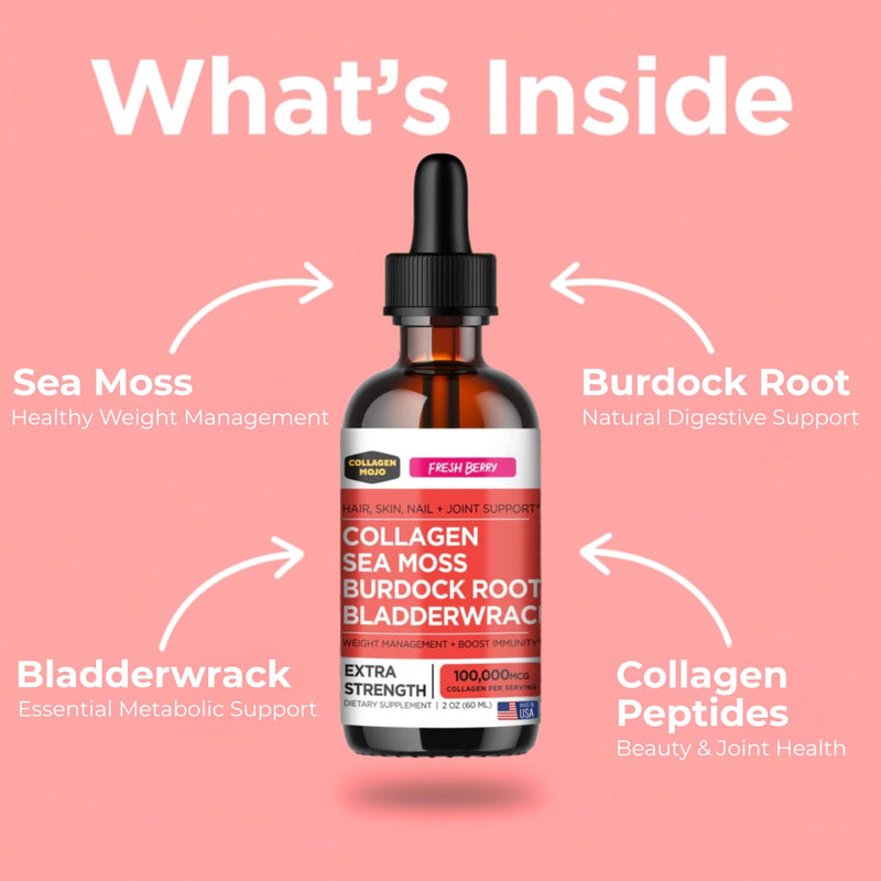 Liquid Collagen Peptides for Women with Sea Moss & Burdock Root | Hair, Skin, Nails & Joints. Gut Health, Less Bloating & Weight Support. Berry Flavor, 2 Oz. Third-Party Tested. Made in USA. Collagen Peptides with Sea Moss