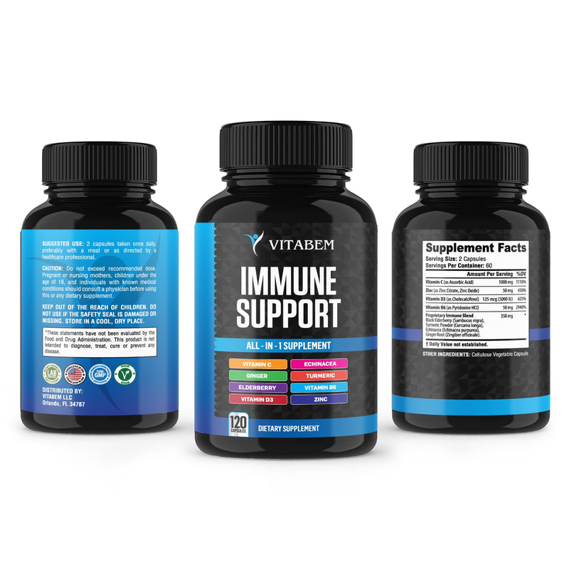 8 in 1 Immune Support Booster Supplement with Echinacea, Vitamin C and Zinc 50mg, Vitamin D 5000 IU, Turmeric Curcumin & Ginger, B6, Elderberry 120 Count (Pack of 1)
