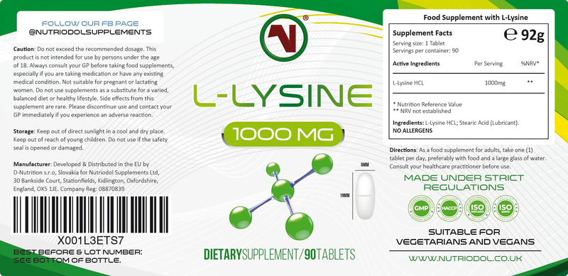 L-Lysine x 90 1000mg Tablets | Smallest Possible 19mm Formula | Easier to Swallow and Quicker to Absorb - Suitable for Vegetarian and Vegan. (90) (Pack of 2) 90 count (Pack of 2)