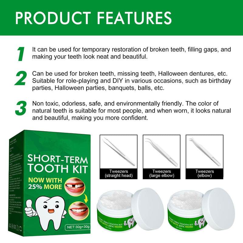 [Australia] - Tooth Repair Kit - 60g Temporary Fake Teeth Replacement Beads Kit with 3 Pieces Dental Tweezers Tools for Temporary Restoration of Missing & Broken Teeth Replacement Dentures 