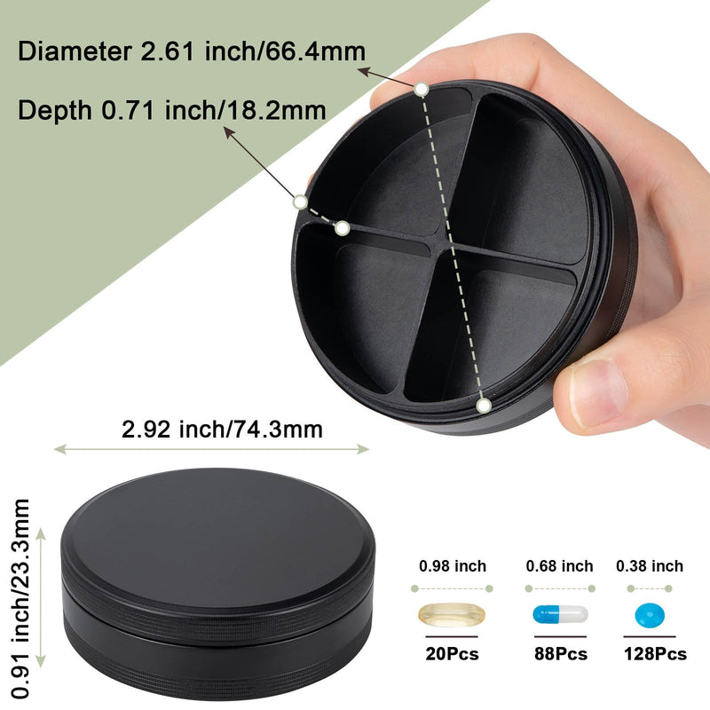 Metal Pill Case 4 Compartments - Travel Pill Organizer Waterproof | Small Pill Box for Purse, Compact Medicine Container Pill Dispensers Holder for Vitamin, Fish Oil, Supplement (Black) Black