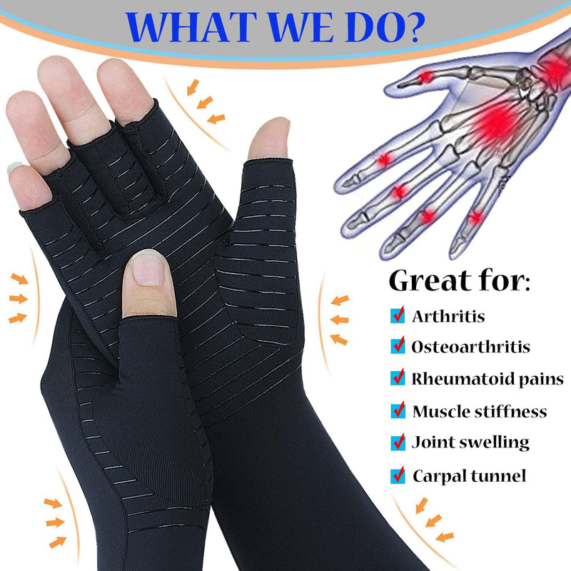 [Australia] - Long Arthritis Compression Gloves for Women Men, Copper Gloves for Joint Pain Relief, Swelling, RSI, Fingerless Carpal Tunnel Glove for Work, Computer Typing, Support Hands, Wrist and Arms (Large) Large Black 