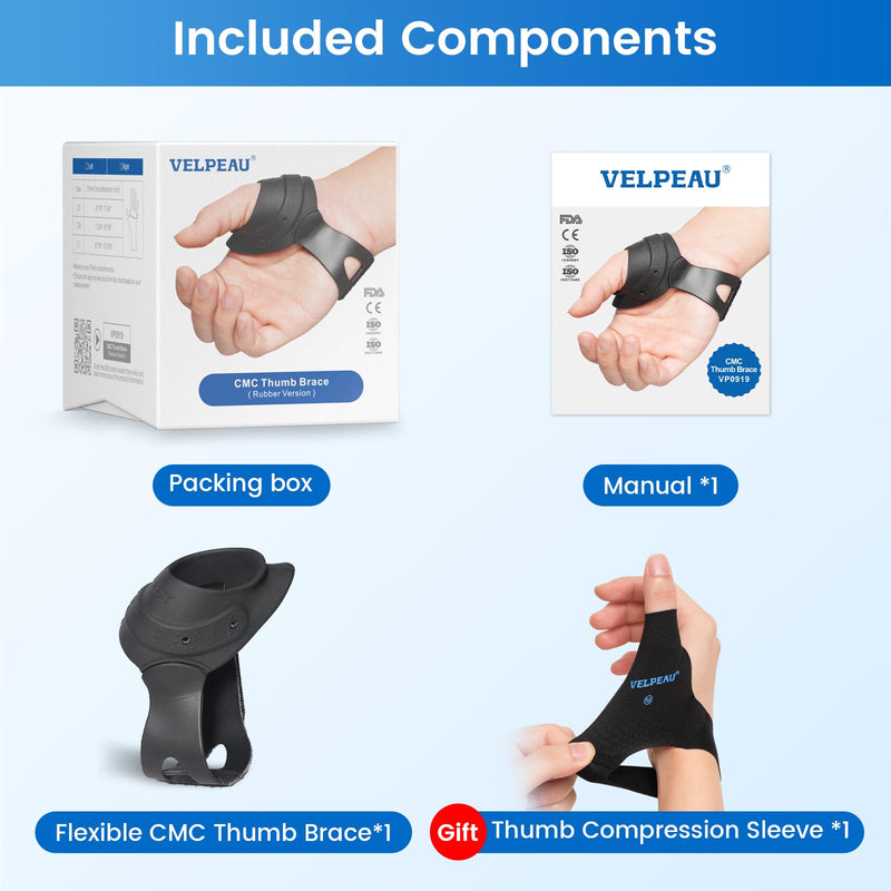 Velpeau Flexible CMC Thumb Brace - Soft Rubber Thumb Splint for Arthritis Pain and Support, Comfort Cool Thumb CMC Restriction Splint, Thumb Stabilizer for CMC Joint for Women and Men (Right Hand - M) Medium Black,Right Hand