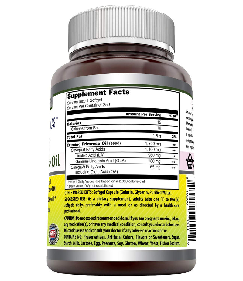 [Australia] - Amazing Formulas Evening Primrose Oil 1300mg, 10% GLA, Softgels Supplement | Hexane Free Cold Pressed Oil | Non-GMO | Gluten Free (250 Count) 250 Count 