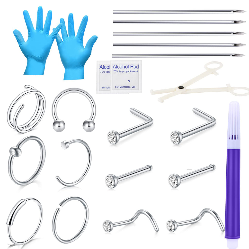 JIESIBAO 22PCS Nose Piercing Kit, Piercing Needles with 18G 20G CZ Nose Screw Studs Double Nose Rings Hoop Captive Nose Rings Stainless Steel Jewelry for Nose Septum Piercing Needles Kit 4-22pcs