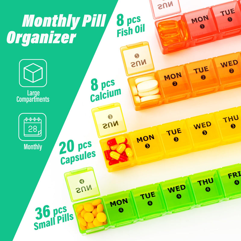 Yaklim Large Monthly Pill Organizer, XL 4 Weeks, 28 Day,ROYG | XL Compartments Hold 8 Fish Oils, 1 Time a Day, 4 Removable Weekly Trays, BPA-Free, for Travel, Vitamins, Supplements Chroma