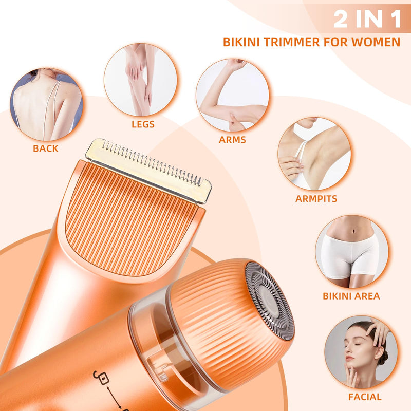 Bikini Trimmer for Women,Dual Head Shaver, IPX7 Waterproof, Compact Travel Design Bikini Shaver for Public Hair, Facial and Body(Orange) Orange