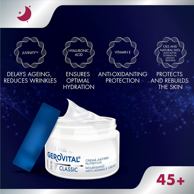 Gerovital CLASSIC Nourishing Anti-Wrinkle Night Face Cream with Hyaluronic Acid, Juvinity™ and Vitamin E, Regenerates and Hydrates the Skin, Anti-Aging Face Cream, 50 ml