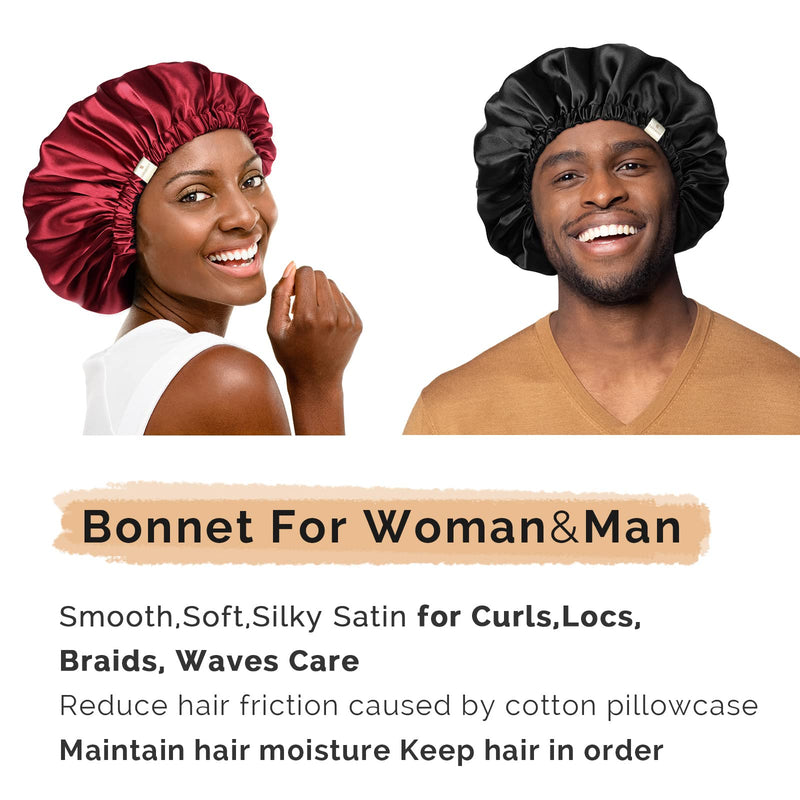 [Australia] - YANIBEST Silk Bonnet for Sleeping Satin Bonnet Hair Bonnets for Women and Men Double Layer Ajustable Bonnet for Curly Braids Hair Large 02-black 