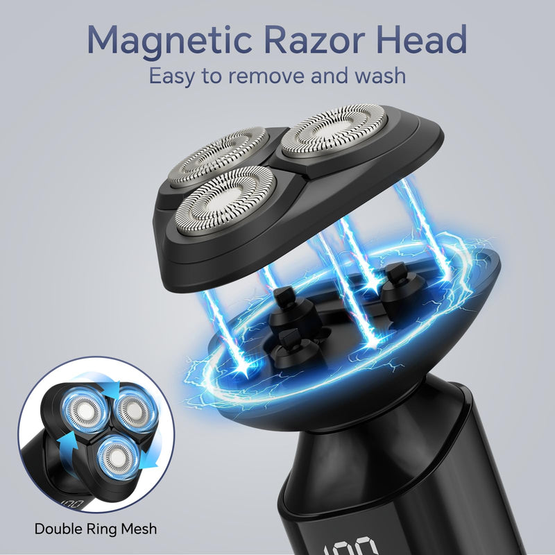 [Australia] - Electric Razor for Men, Rechargeable Electric Shaver for Men, Waterproof 3D Rotary Shaving, Wet/Dry Cordless 3-in-1 Electric Shaver with Beard Trimmer, Sideburn & Nose Hair Groomer 