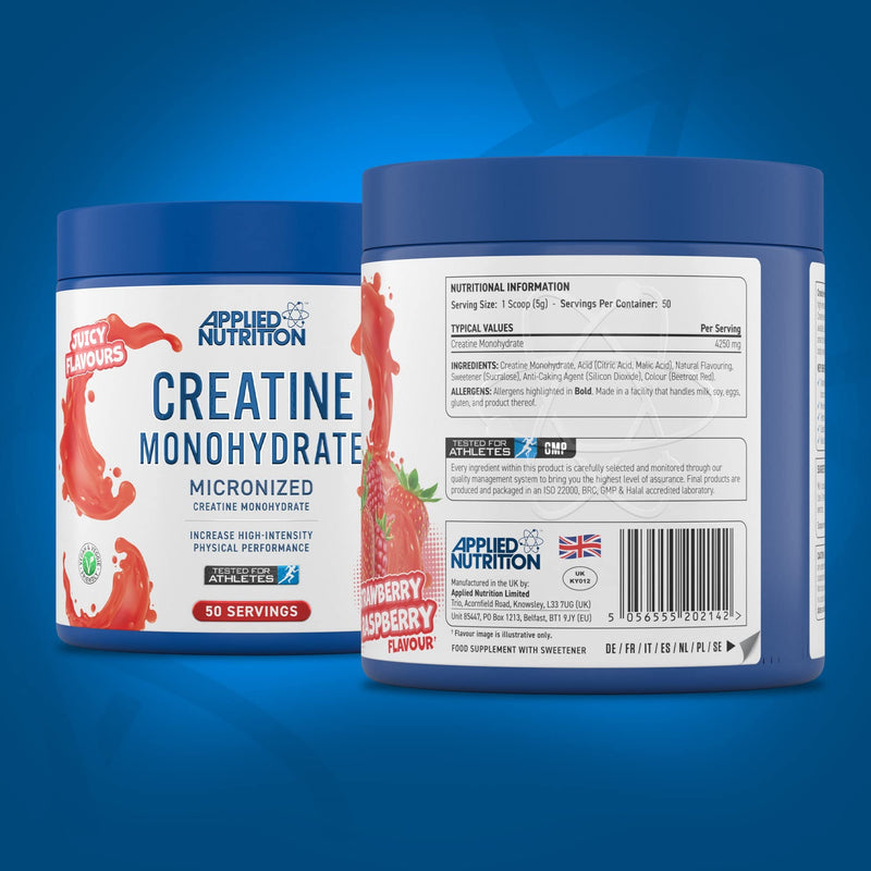 Applied Nutrition Creatine + 700ml Shaker | Creatine Monohydrate Micronized Powder with Flavour, Increases High-Intensity Physical Performance (250g - 50 Servings) (Strawberry & Raspberry) Strawberry & Raspberry 50 Servings (Pack of 1)