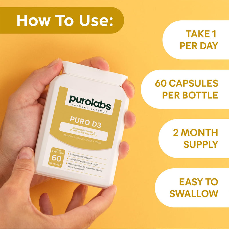 Purolabs Vitamin D3 High Strength 3000IU – Vegan Plant-Based Vitamin D Supplements for Women & Men – Premium Vitamin D Capsules for Immune, Bone & Mood Support – 60 Vegan Capsules