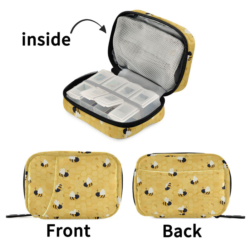 Yellow Bee Honeycomb Pill Organizer Case 7 Day Travel Pill Box with Zipper Portable Weekly Vitamin Medicine Supplement Holder Pouch Bag