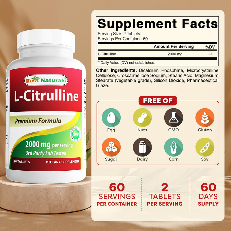 Best Naturals L-Citrulline 2000mg/Serving - Non-GMO - Gluten Free - 120 Tablets (120 Count (Pack of 2)) 120 Count (Pack of 2)