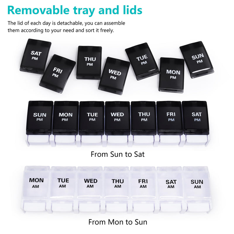 Large Pill Boxes and Organizer 2 Times a Day, MOLN HYMY 7 Day AM PM Pill Case, 14 Compartments Pill Dispenser to Hold Big Vitamin Supplements Fish Oil (Black+White) White & Black