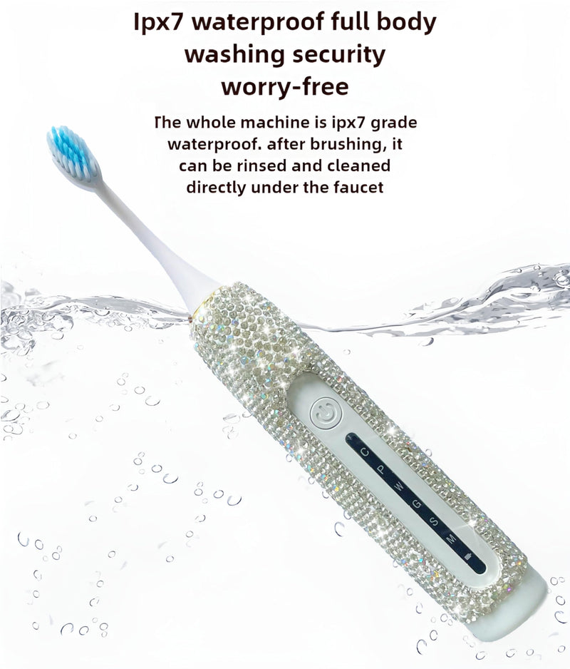 Electric Toothbrush for Woman Silver Bling Diamond Decor Portable Travel Essentials for Women White Toothbrush with 3 Replacement Heads 6 Modes