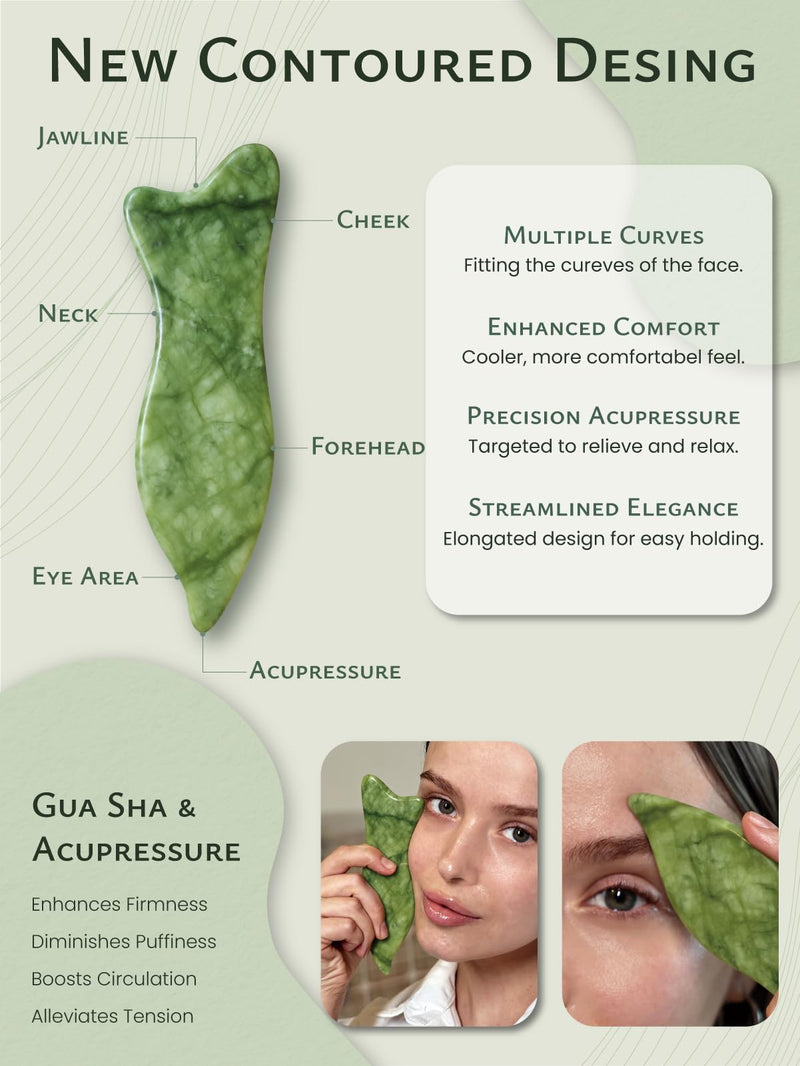 [Australia] - Rena Chris Natural Jade Gua Sha Facial Tools - Acupressure & Gua Sha for Face Massage, Jawline Sculpting, Puffiness Reduction, Skin Care Tool (Green) Green 
