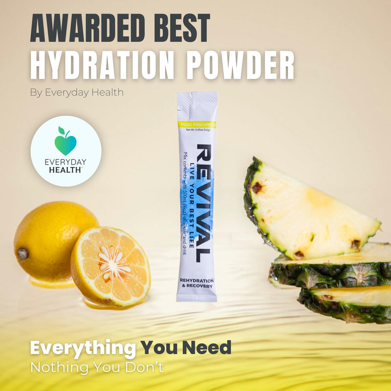 Revival Rapid Rehydration, Electrolytes Powder - High Strength Vitamin C, B1, B3, B5, B12 Supplement Sachet Drink, Effervescent Electrolyte Hydration Tablets 6 Pack Yuzu Pineapple Flavours 6 Servings (Pack of 1)