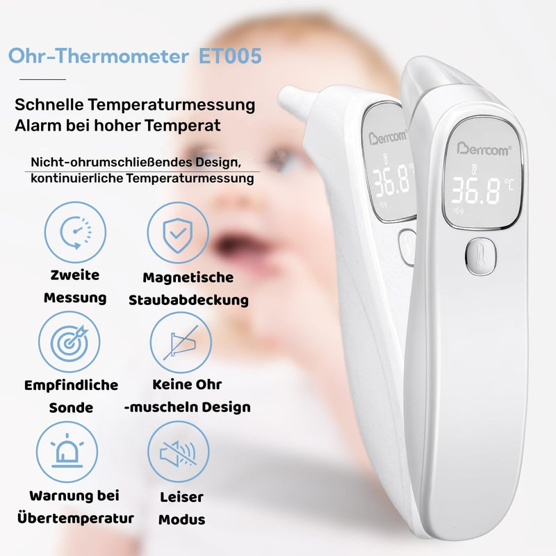 [Australia] - Berrcom Fever Thermometer Contactless Forehead and Ear Thermometer Digital Medical Thermometer Infrared Forehead Thermometer for Baby, Adults with Fever Alarm, °C/°F Switch, Instant Reading 