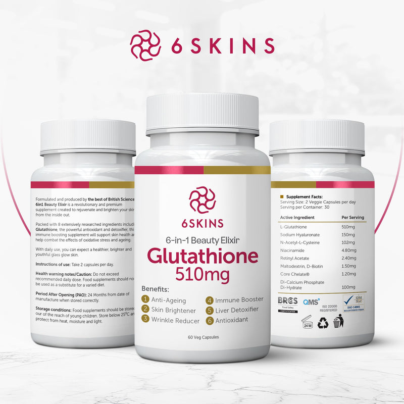 6in1 Beauty Elixir with L-Glutathione 510mg, NAC 102mg, Hyaluronic Acid 150mg Glutathione Supplement with 4X Absorption - Immune and Liver Support, Powerful Antioxidant for Skin - 60 Capsules