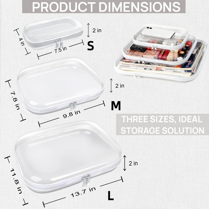 3PCS Clear Hard Plastic Zipper Case, Double Zippers Hard Pouch, Portable Travel Organizer Bin Clear Makeup Bag for Toy Storage, Snack Bag, Cosmetics, Diaper Bag, Toiletry Bag (3PCS-L) 3PCS-L