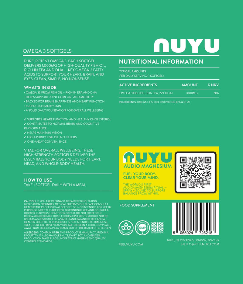 NUYU Omega-3 Softgels 1,000mg - High-Strength Fish Oil Supplement with EPA & DHA to Support Heart, Brain & Joint Health. One-a-Day, 2 Months Supply. Made in The UK.