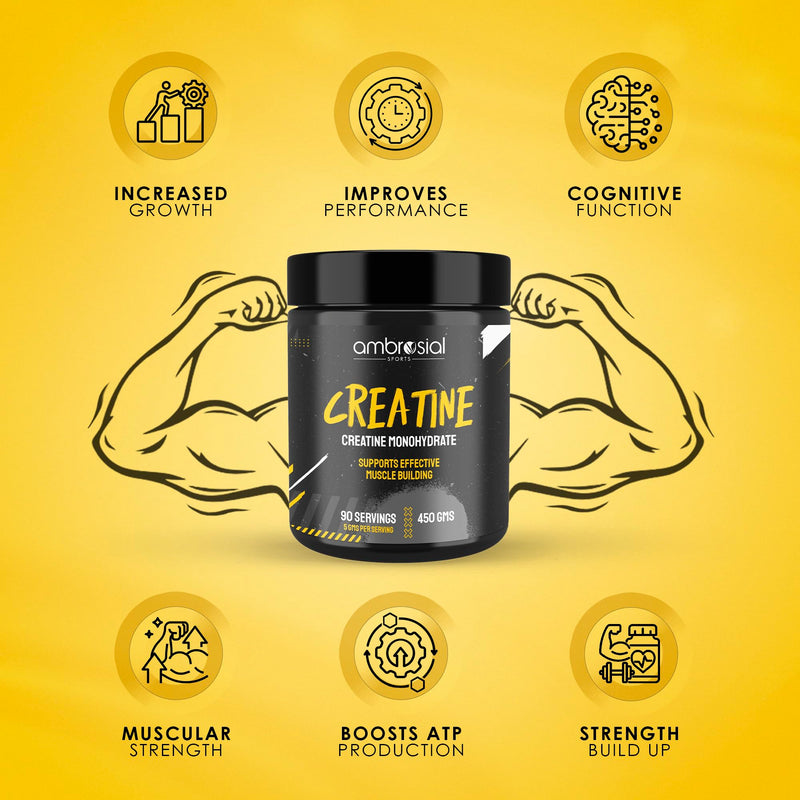 Ambrosial Creatine Monohydrate Powder 5000 mg per Serving x 90 Servings, 450 g - Unflavoured, Vegan Creatine Supplement for Men & Women, GMP-Certified, Non-GMO & Gluten Free