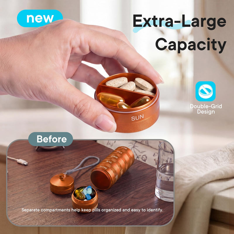 Weekly Metal Pill Organizer 2 Times a Day, Waterproof Travel Pill Case | Aluminum Alloy AM PM Pill Organizer, BPA Free 7 Day Daily Medicine Organizer Holder for Vitamin, Fish Oil, Supplement Orange