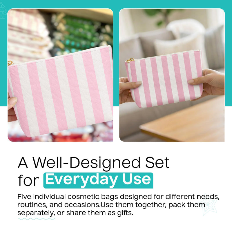 Preppy Stripe Crinkle Makeup Bag Set of 5 Travel Cosmetic Bags | Pink and White, 6 x 9 x 3 in, Crinkle & stripe design, waterproof fabric, generous capacity, gift for women
