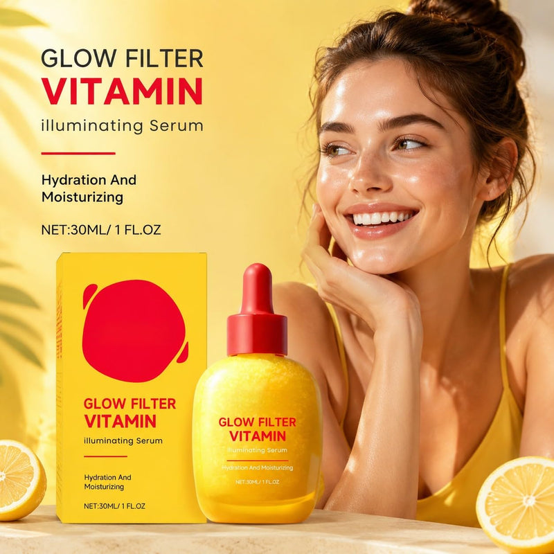 2PCS Glow Filter Vitamin Illuminating Serum | Hydration & Moisturizing Face Serum | Brightening Vitamin C & Hyaluronic Acid for Radiant Glow | Dark Spot & Uneven Tone Care, 1 Fl.Oz (30ml)