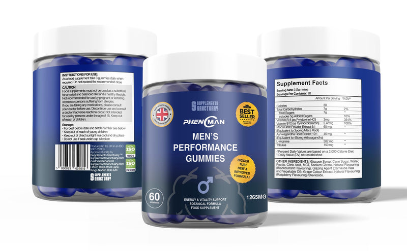 Phenoman Male Extreme Gummies, 1265mg per Serving, with Maca, Vitamin B6, B12, Ashwagandha, L-Arginine, Tribulus Terrestris, 60 Gummies, Phenomenon Gummies