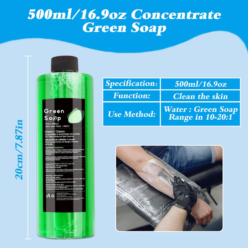 [Australia] - Tattoo Green Soap 500mL (16.9oz) + Foam Pump Bottle 200mL (6.76oz) - Professional Tattoo Cleaning Supplies, Vegan Formula for Gentle Skin Cleaning 