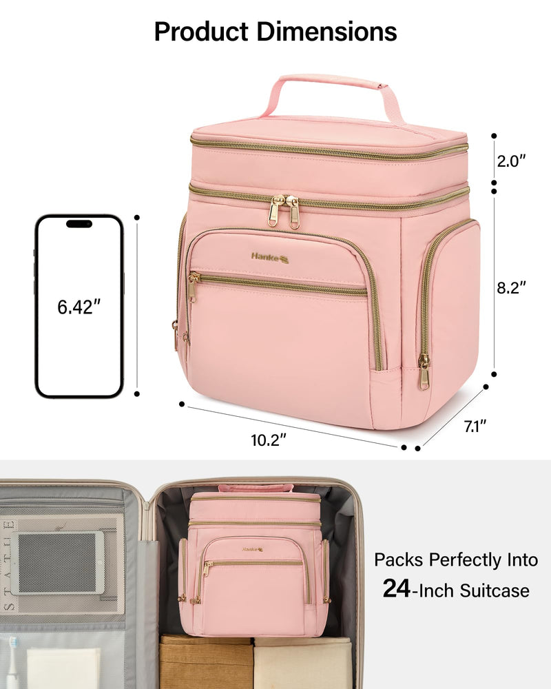 Hanke Large Toiletry Bag for Women Travel, Double Layer Organizer with Wide Opening for Full-Size Cosmetics & Toiletries, 12.2L Water-Resistant Makeup Bag,Pink Pink